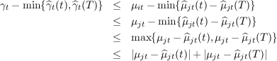 γt - min {^γt(t),^γt(T)} ≤  μit - min {^μjt(t)- μ^jt(T)}
                      ≤  μjt - min{^μjt(t) - ^μjt(T )}

                      ≤  max {μjt - μ^jt(t),μjt - ^μjt(T )}
                      ≤  |μjt - ^μjt(t)|+ |μjt - ^μjt(T)|
     
