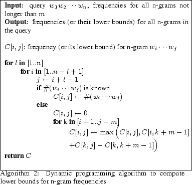 \begin{algorithma} % latex2html id marker 248\par \framebox{ \parbox[b]{3.2 in... ...gorithm to compute lower bounds for n-gram frequencies} \par }} \end{algorithma}