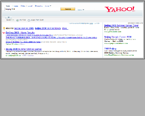 Example of sponsored search advertisements on the search engine results page of Yahoo! for the query: Beijing 2008. Ads are shown on the right side under the label SPONSOR RESULTS