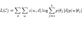 \begin{displaymath} L({\cal C}) = \sum_d\sum_w c(w, d) \log \sum_{j = 1} ^ k p(\theta_j\vert d)p(w\vert\theta_j) \end{displaymath}