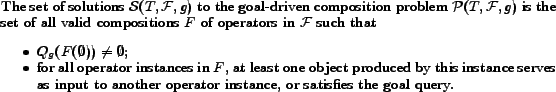 \begin{definition} The set of solutions $\mathcal S(T,\mathcal F, g)$\ to the go... ...er operator instance, or satisfies the goal query. \end{itemize}\end{definition}
