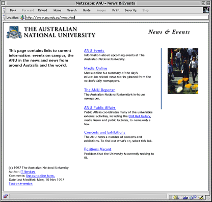 Screen image of a typical ANU home site navigation page