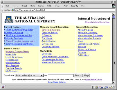 Screen image of the ANU's internal home page