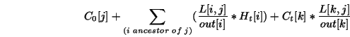 \begin{displaymath} C_0[j] + \sum_{(i~ancestor~of~j)} ( \frac{L[i,j]}{out[i]} *H_t[i] ) +C_t[k]*\frac{L[k,j]}{out[k]} \end{displaymath}
