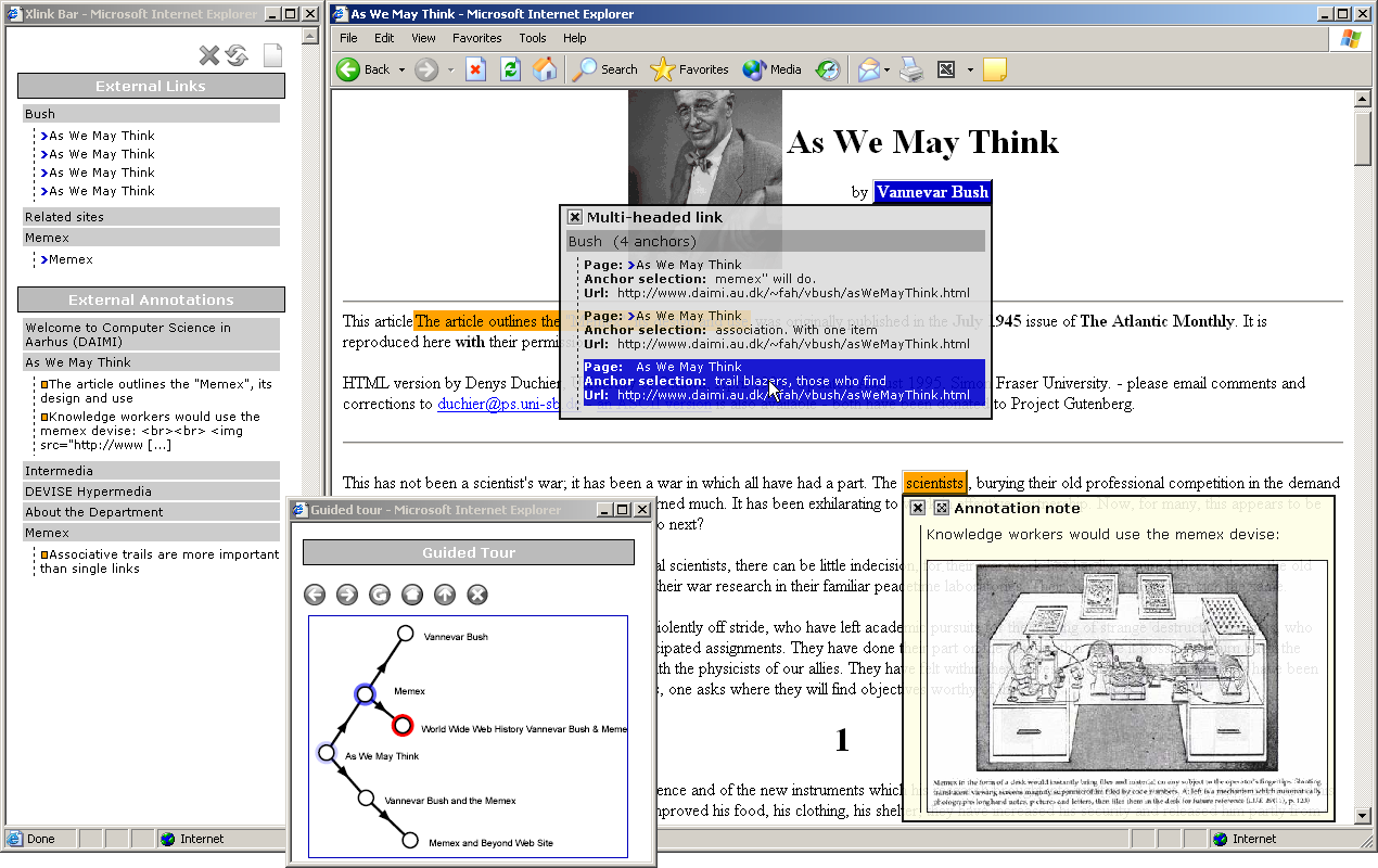 A session in the Xspect system. The left window displays an overview of a linkbase with links and annotations. The right window displays a Web page decorated with link and annotation anchors. The user has activated a pop-up annotation and a multi-headed link and the corresponding link dialog is open. On top of the two windows floats a small window with a guided tour.