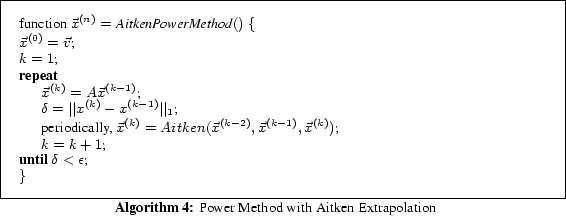 \begin{algorithm} % latex2html id marker 824 [t] function $\vec{x}^{(n)} = \mbox... ...k = k+1$\; } \} \caption{Power Method with Aitken Extrapolation} \end{algorithm}