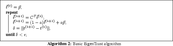 \begin{algorithm}
% latex2html id marker 169
[t]
\SetLine $\vec{t}^{(0)} = \vec{...
...+1)}-t^{(k)}\vert\vert$\; }
\caption{Basic EigenTrust algorithm}
\end{algorithm}