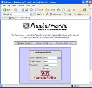 Figure 2. A student can log into the ASSISTment system via the web.