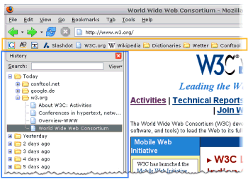 Firefox screenshot with bookmark toolbar and browser history in sidebar