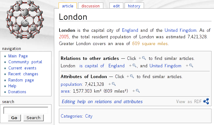 Screenshot of London article in Semantic Wikipedia