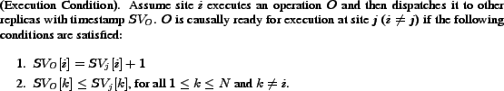 \begin{definitions} (Execution Condition). Assume site $i$\ executes an operati... ...k]$, for all $1 \leq k \leq N$\ and $k \neq i$. \end{enumerate}\end{definitions}