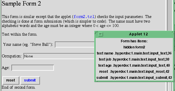 Information gathered about a form by an applet